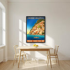 Positano — Amalfi Coast art print, in a black frame, styled in a kitchen