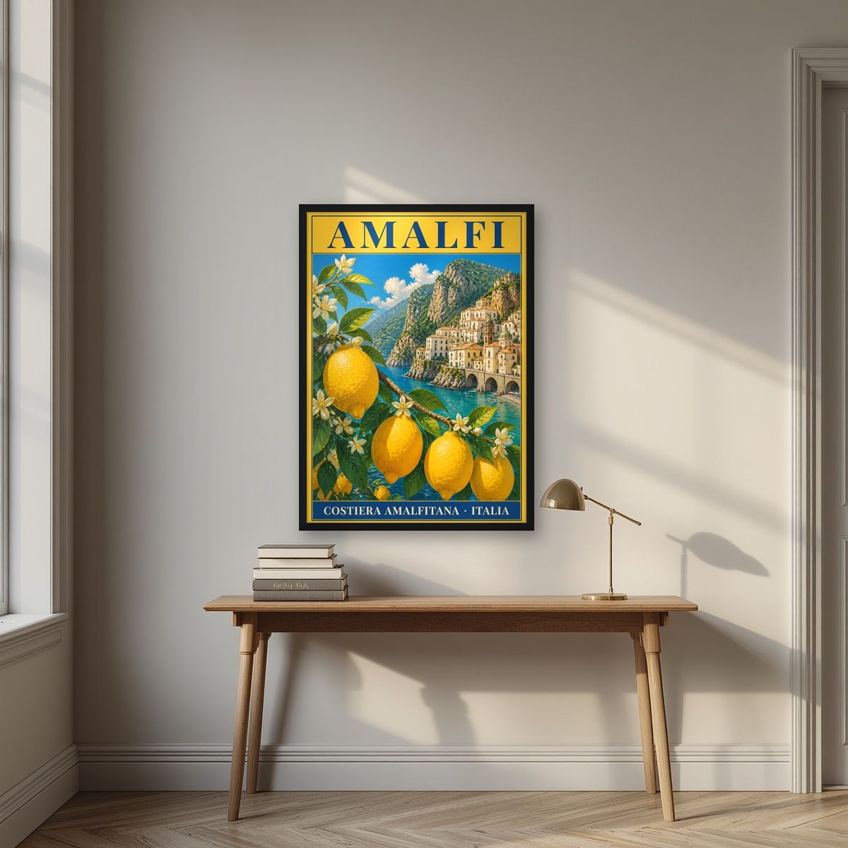 Terrazza Dei Limoni — Amalfi Coast art print, in a black frame, styled in a desk