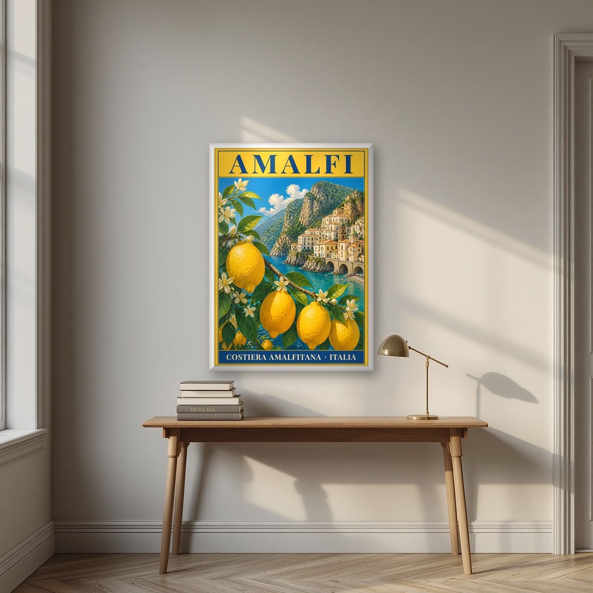 Terrazza Dei Limoni — Amalfi Coast art print, in a white frame, styled in a desk