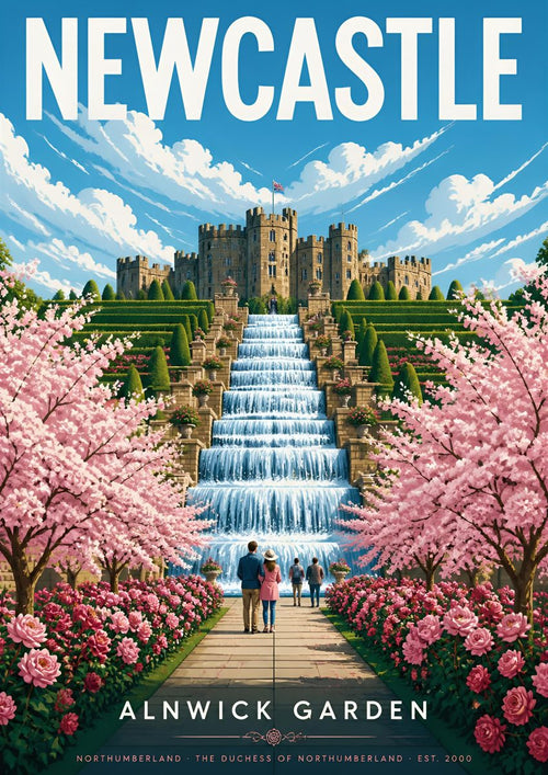 Alnwick Garden — Newcastle art print: the Grand Cascade in full flow with cherry blossom banked along either side.