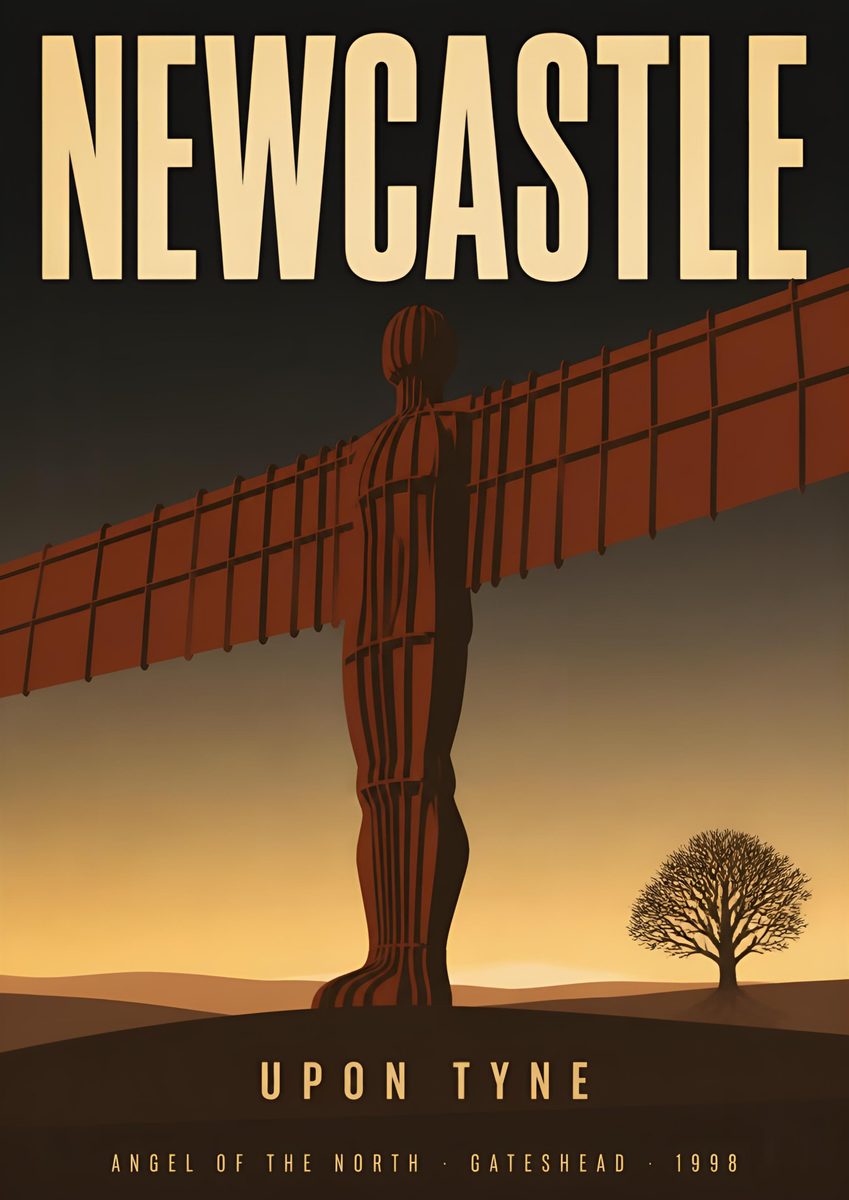 Angel of the North — Newcastle art print: the weathered steel angel standing wings outstretched above the A1 at golden hour.