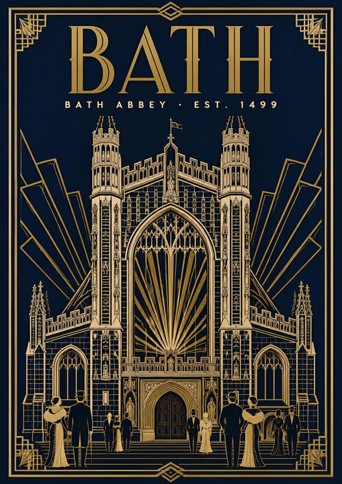 Bath Abbey — Bath art print: the abbey's west front picked out in gold line work on deep blue, styled like a deco theatre poster.