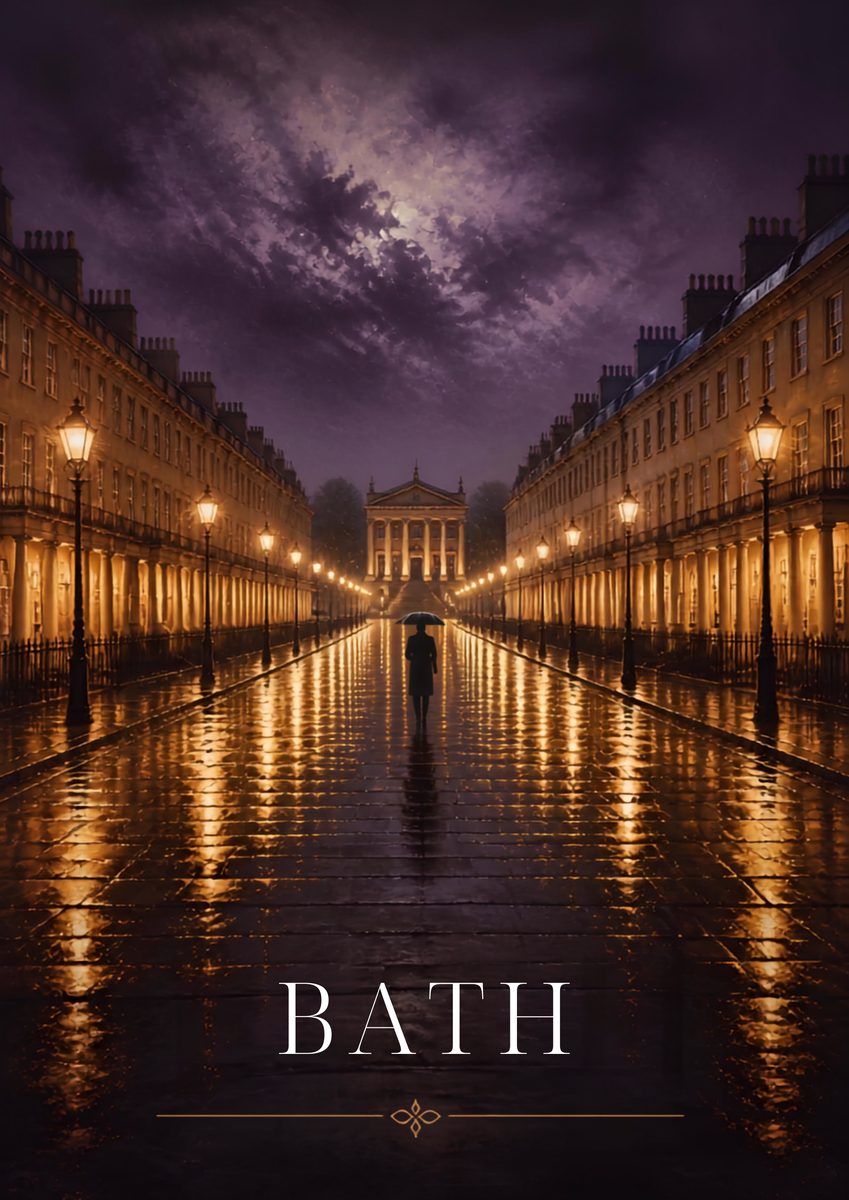 Bath by Lamplight — Bath art print: wet stone streets and a long line of lit street lamps in an empty city at night.