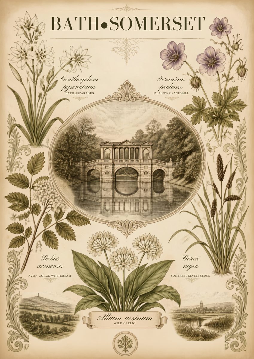 Bath, Somerset — Bath art print: pressed leaves framing a copperplate vignette of the abbey, drawn like a Georgian botanist's page.