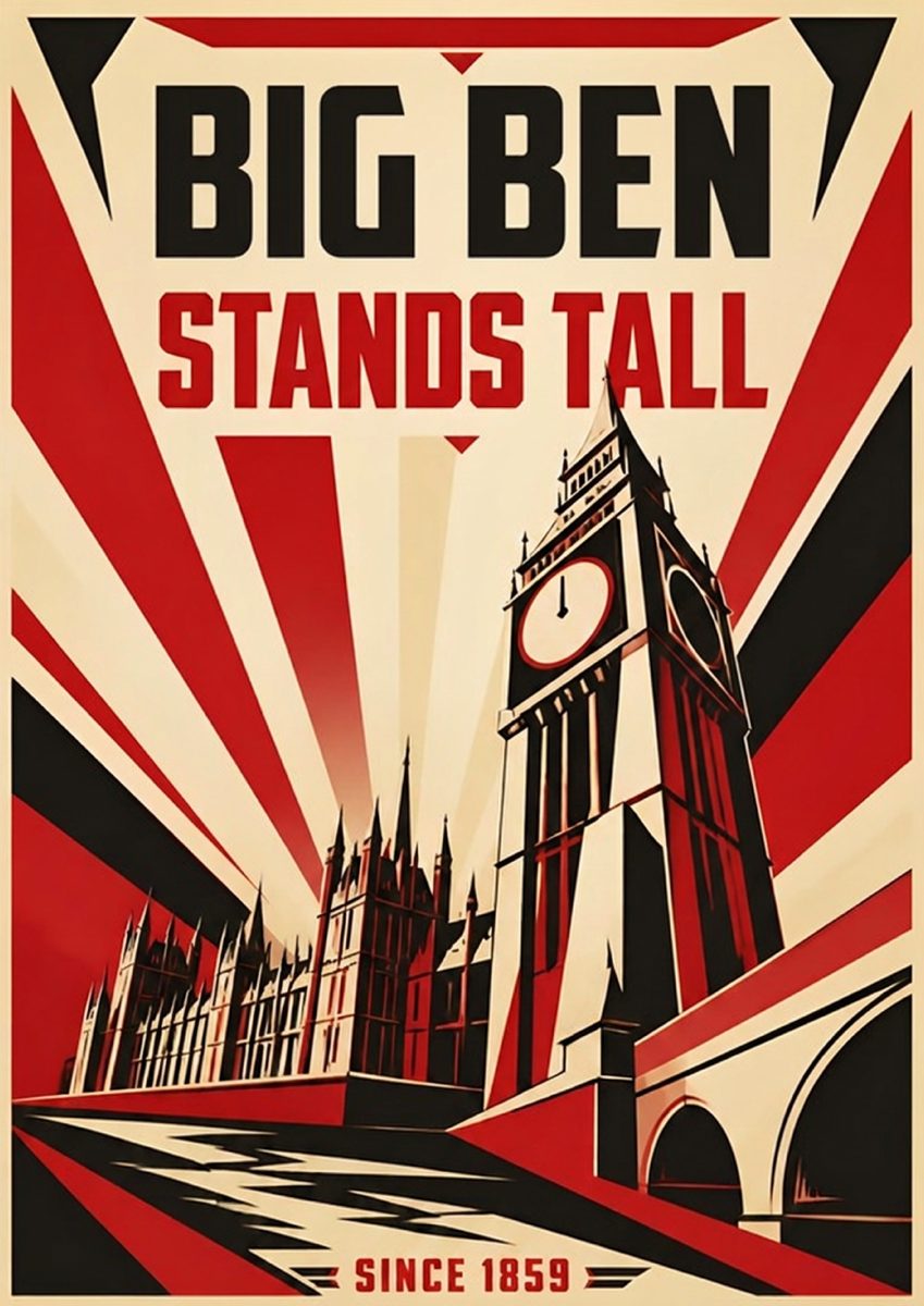Big Ben Stands Tall — London art print: the clock tower silhouetted against sharp red rays, bold as a rally poster.