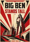 Big Ben Stands Tall — London art print: the clock tower silhouetted against sharp red rays, bold as a rally poster.