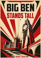 Big Ben Stands Tall — London art print: the clock tower silhouetted against sharp red rays, bold as a rally poster.