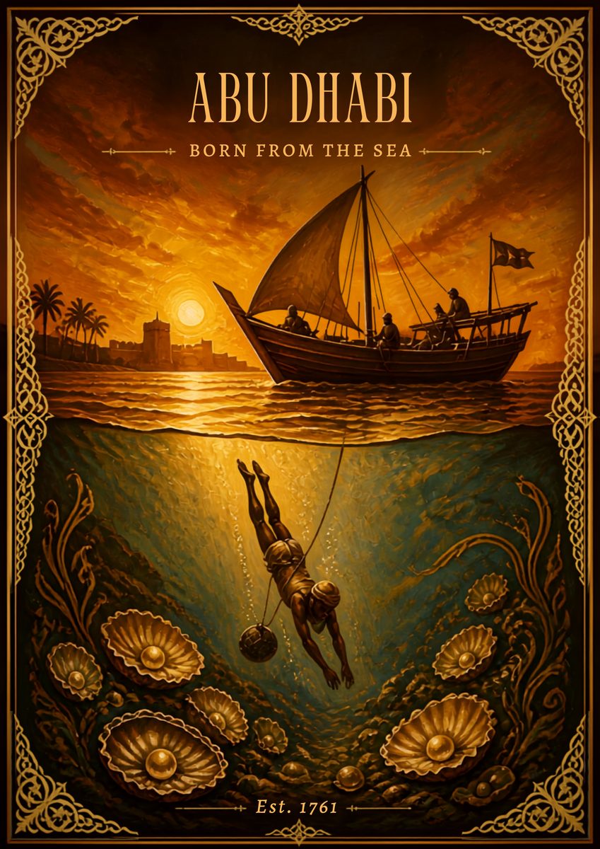 Born from the Sea — Abu Dhabi art print: pearl divers and dhow sails on the water the emirate grew out of.