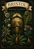 Botanic Garden — Bristol art print: ferns, olive branches and glasshouse ironwork inked in the style of a Victorian botanical plate.