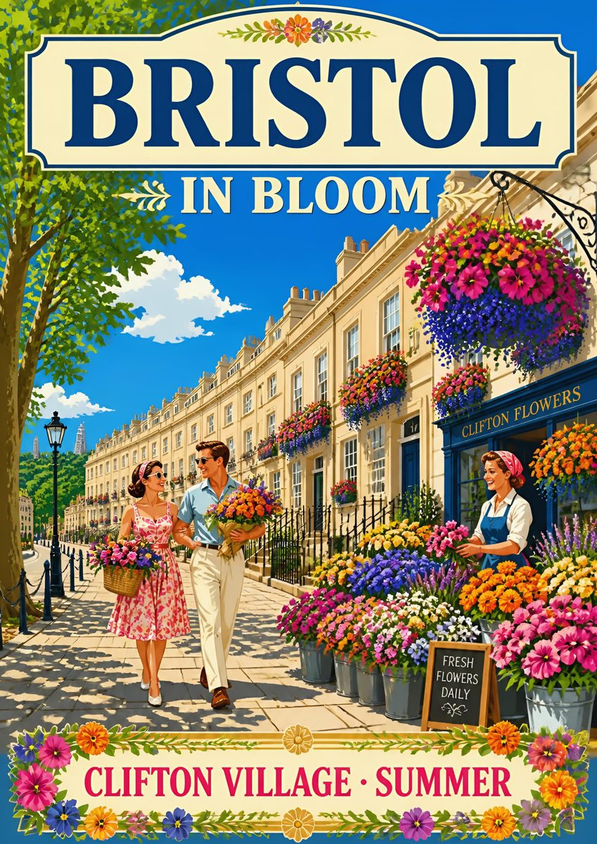 Clifton Village — Bristol art print: pastel terraces, hanging baskets and a flower stall in high summer.