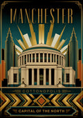 Cottonopolis — Manchester art print: deco lines and a rising sun behind the curved facade of the Central Library.
