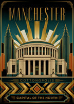Cottonopolis — Manchester art print: deco lines and a rising sun behind the curved facade of the Central Library.