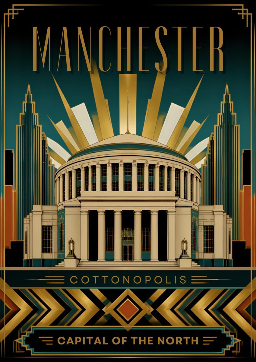 Cottonopolis — Manchester art print: deco lines and a rising sun behind the curved facade of the Central Library.