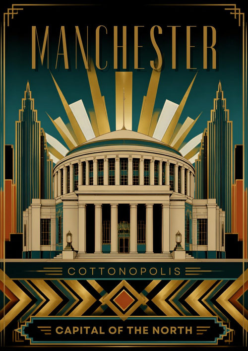 Cottonopolis — Manchester art print: deco lines and a rising sun behind the curved facade of the Central Library.