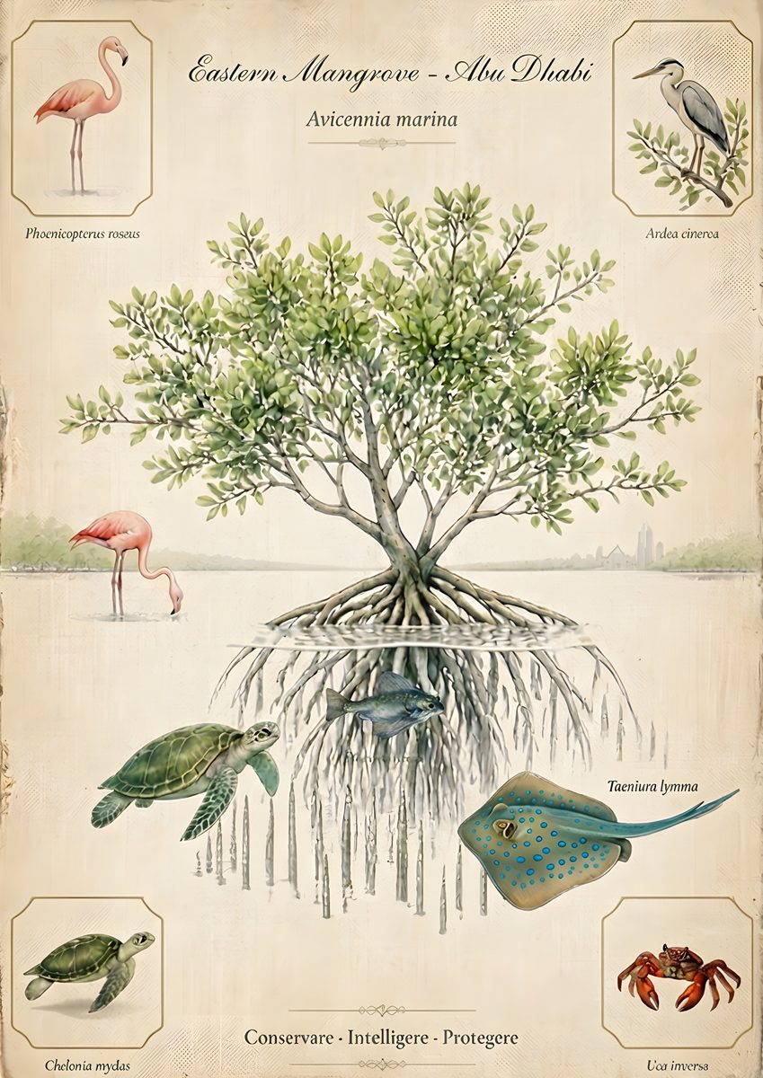 Eastern Mangrove — Abu Dhabi art print: green tidal channels winding through the mangroves with a kayak slipping between them.