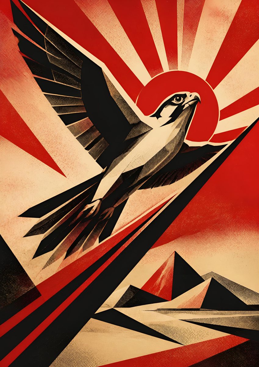 Falcon Rising — Dubai art print: a saker falcon climbing across a deep red sun above rolling desert dunes.