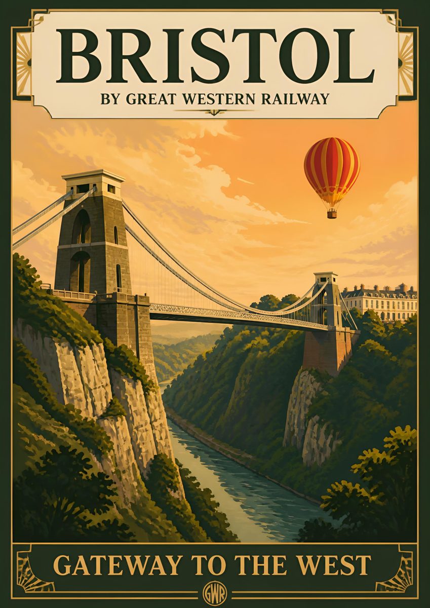 Gateway to the West — Bristol art print: Brunel's suspension bridge spanning the gorge with a balloon drifting past, in vintage railway poster style.