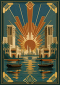 Golden Hour on the Creek — Dubai art print: abras crossing Dubai Creek with the old town glowing warm behind them.