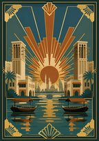 Golden Hour on the Creek — Dubai art print: abras crossing Dubai Creek with the old town glowing warm behind them.