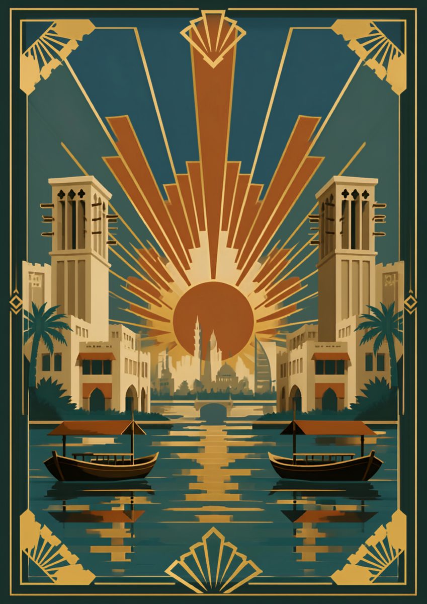 Golden Hour on the Creek — Dubai art print: abras crossing Dubai Creek with the old town glowing warm behind them.