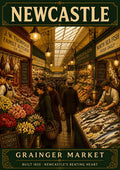 Grainger Market — Newcastle art print: fish counters, flower stalls and Victorian ironwork gathered under one long market roof.