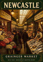 Grainger Market — Newcastle art print: fish counters, flower stalls and Victorian ironwork gathered under one long market roof.