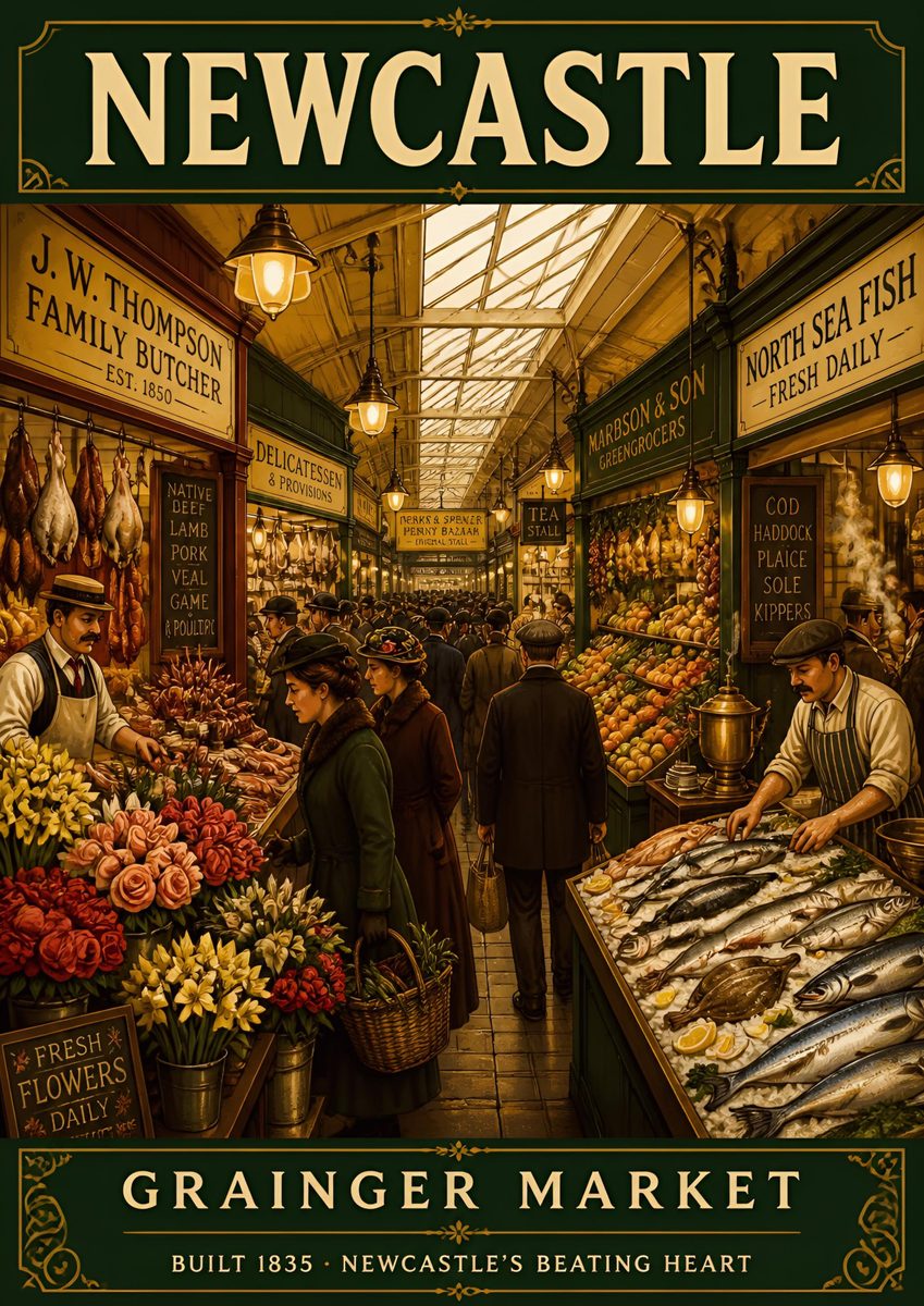 Grainger Market — Newcastle art print: fish counters, flower stalls and Victorian ironwork gathered under one long market roof.