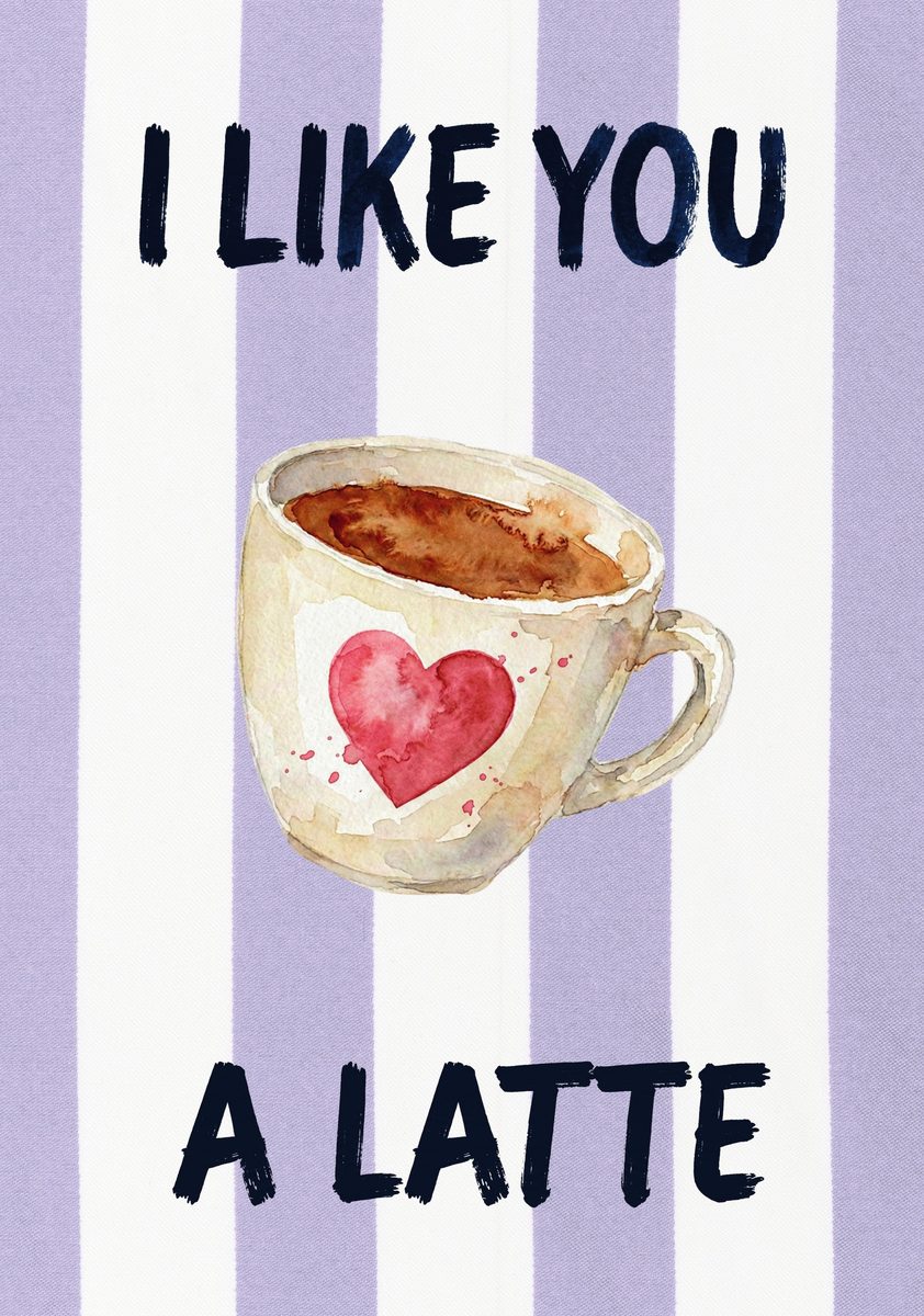 I Like You a Latte – Capri Violet art print: a hand-painted coffee cup and heart motif on capri violet stripes, topped with a loose brush script.