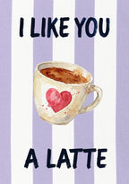I Like You a Latte – Capri Violet art print: a hand-painted coffee cup and heart motif on capri violet stripes, topped with a loose brush script.