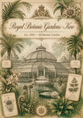 Kew Gardens — London art print: the Palm House and its glasshouse ribs surrounded by pressed ferns, drawn as a Victorian plate.