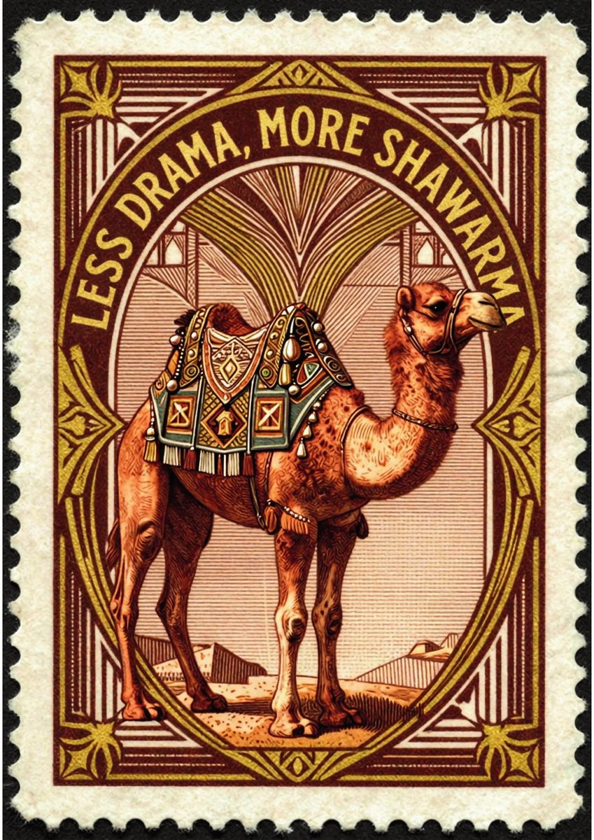 Less Drama, More Shawarma – Bazaar Stamp art print: a camel illustrated inside a perforated postage-stamp border, the slogan printed like a souvenir cancel mark.
