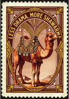 Less Drama, More Shawarma – Bazaar Stamp art print: a camel illustrated inside a perforated postage-stamp border, the slogan printed like a souvenir cancel mark.