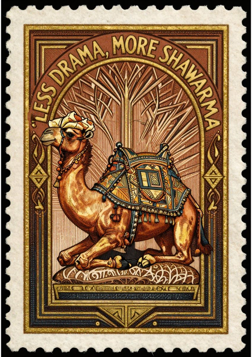 Less Drama, More Shawarma – Caravan Stamp art print: a camel in sepia and rust, laid out like a century-old trade label with the slogan in vintage type.