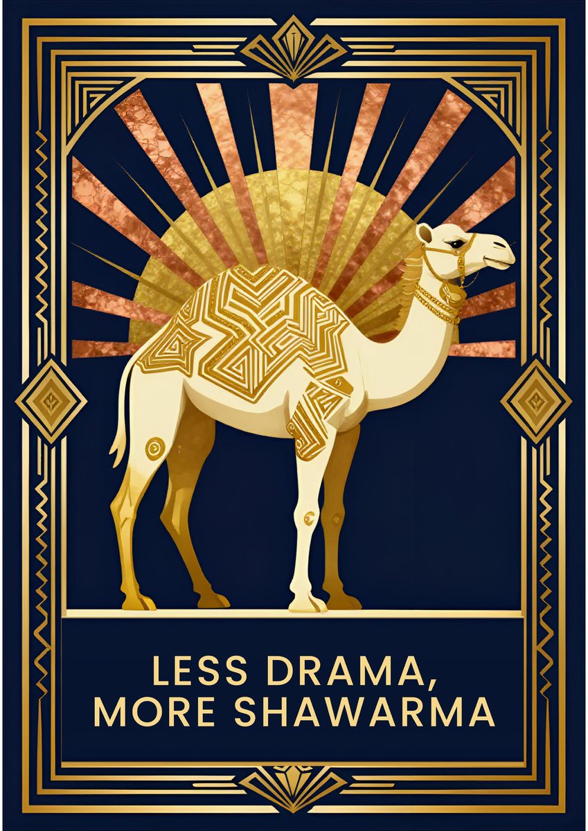 Less Drama, More Shawarma – Deco Sunrise art print: an unbothered camel framed by art deco fan rays and fine gold linework, with the slogan hand-lettered.
