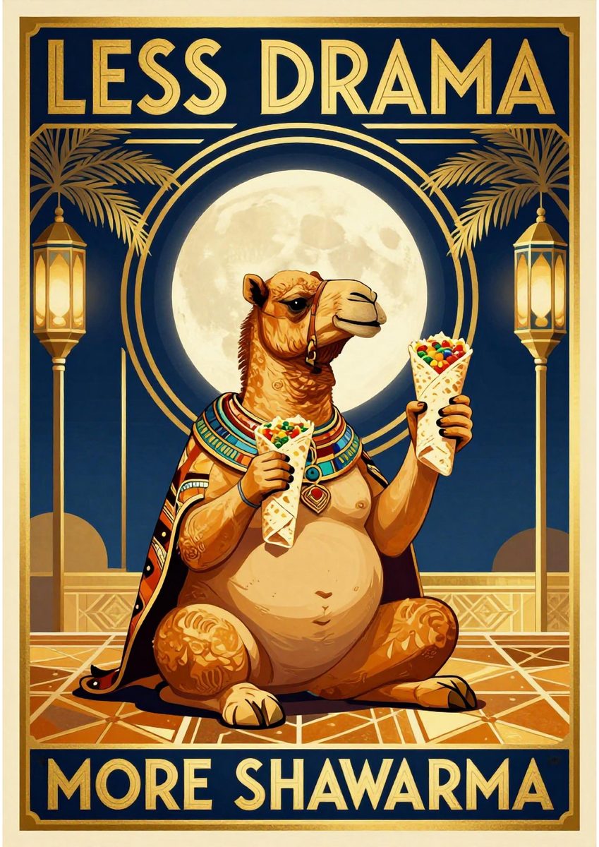 Less Drama, More Shawarma – Midnight Feast art print: a camel amid deep ink-blue tones and warm lamplight, the slogan lettered across the night scene.