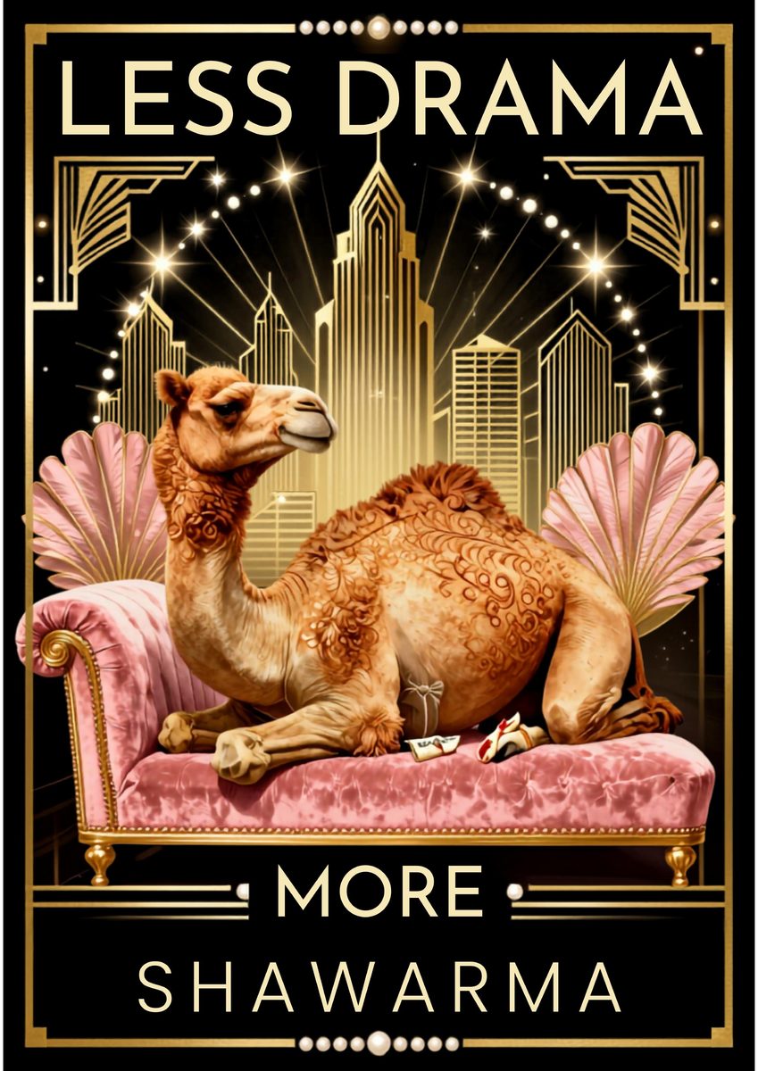 Less Drama, More Shawarma – Uptown Glam art print: a camel reclining on a pink velvet chaise in front of an art deco skyline, the slogan lettered above.