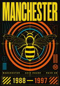 Madchester — Manchester art print: concentric rings radiating out from a worker bee, marking the years the city set the tempo.