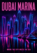Marina After Dark — Dubai art print: marina towers doubled in black water, yachts moored along the walk at night.