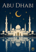 Midnight at the Grand Mosque — Abu Dhabi art print: white marble domes and reflecting pools of Sheikh Zayed Grand Mosque under a deep blue sky.