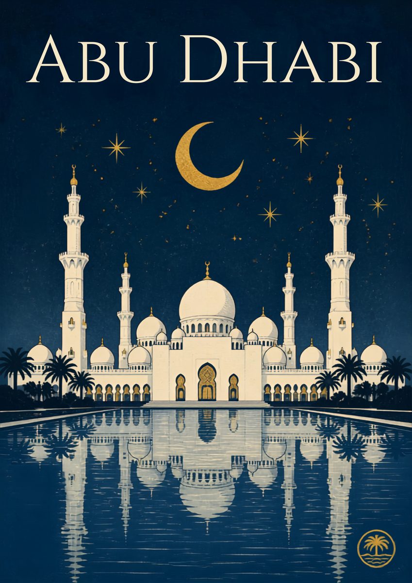 Midnight at the Grand Mosque — Abu Dhabi art print: white marble domes and reflecting pools of Sheikh Zayed Grand Mosque under a deep blue sky.