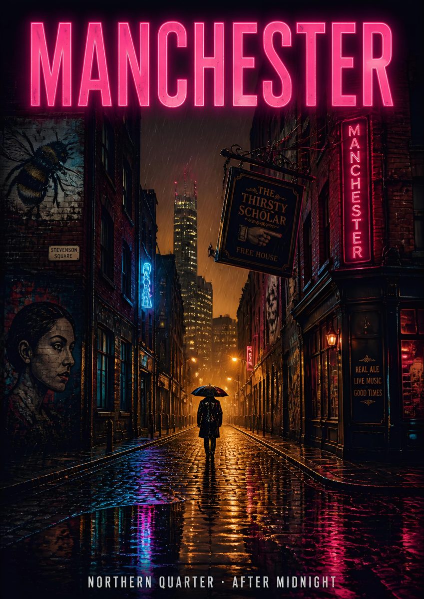 Northern Quarter — Manchester art print: neon bleeding into rain puddles as a figure walks home beneath an umbrella.