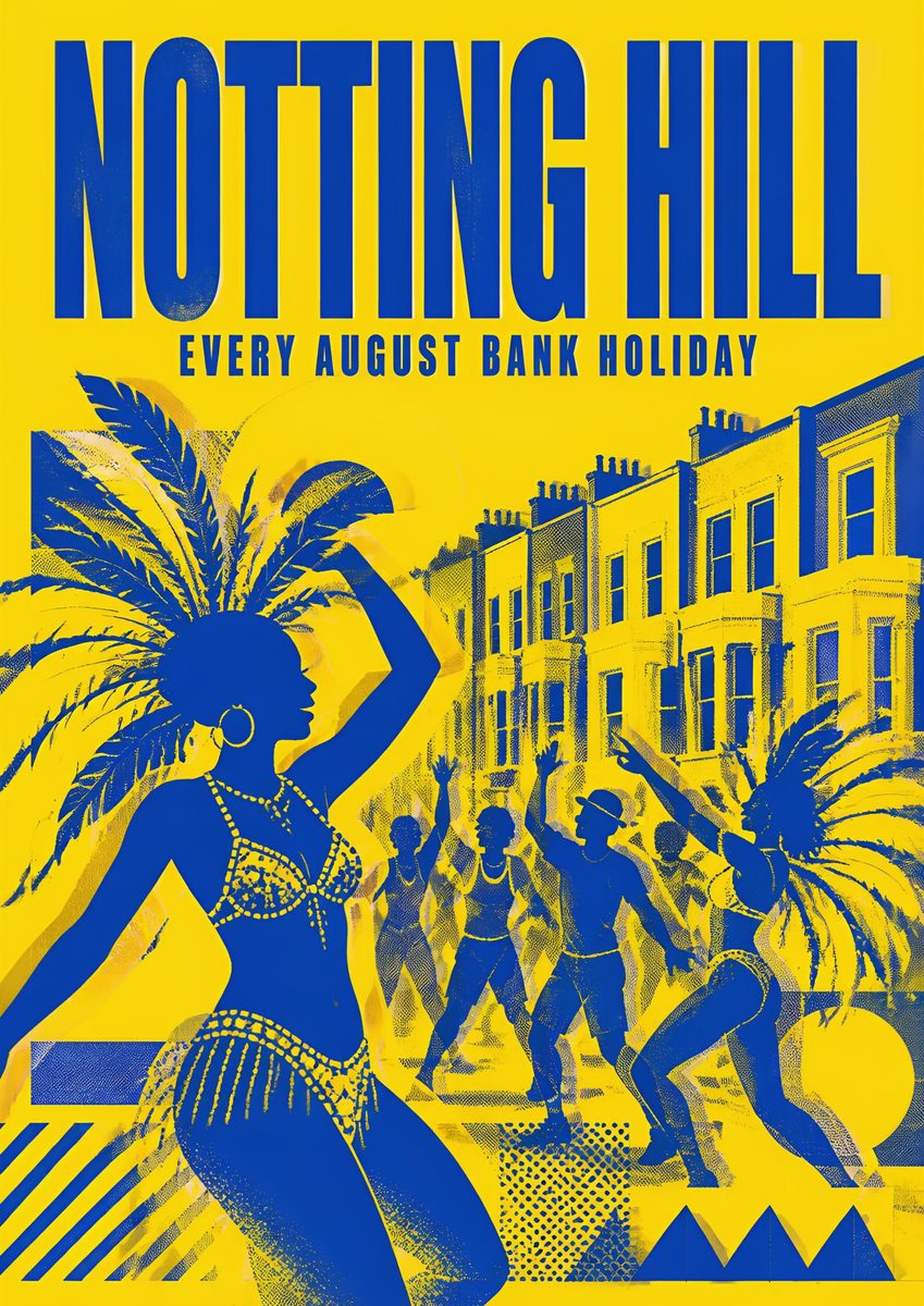 Notting Hill — London art print: carnival feathers, sequins and sound systems rendered in electric blue and yellow.