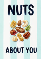 Nuts About You – Amalfi Aqua art print: one peanut given the full portrait treatment against amalfi aqua stripes, with looping hand-lettered type.