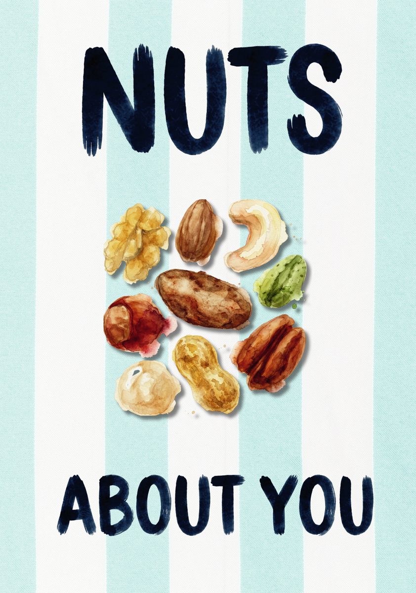 Nuts About You – Amalfi Aqua art print: one peanut given the full portrait treatment against amalfi aqua stripes, with looping hand-lettered type.