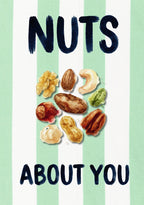 Nuts About You – Cabana Green art print: a single peanut painted in soft ochre tones on cabana green stripes, with brushed script lettering.