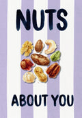 Nuts About You – Capri Violet art print: one carefully rendered peanut set on capri violet stripes, the daft compliment hand-lettered above it.