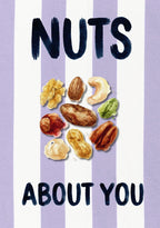 Nuts About You – Capri Violet art print: one carefully rendered peanut set on capri violet stripes, the daft compliment hand-lettered above it.