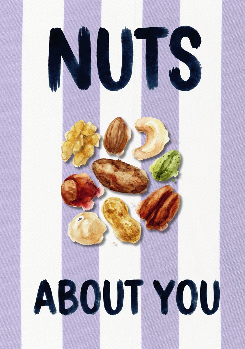 Nuts About You – Capri Violet art print: one carefully rendered peanut set on capri violet stripes, the daft compliment hand-lettered above it.