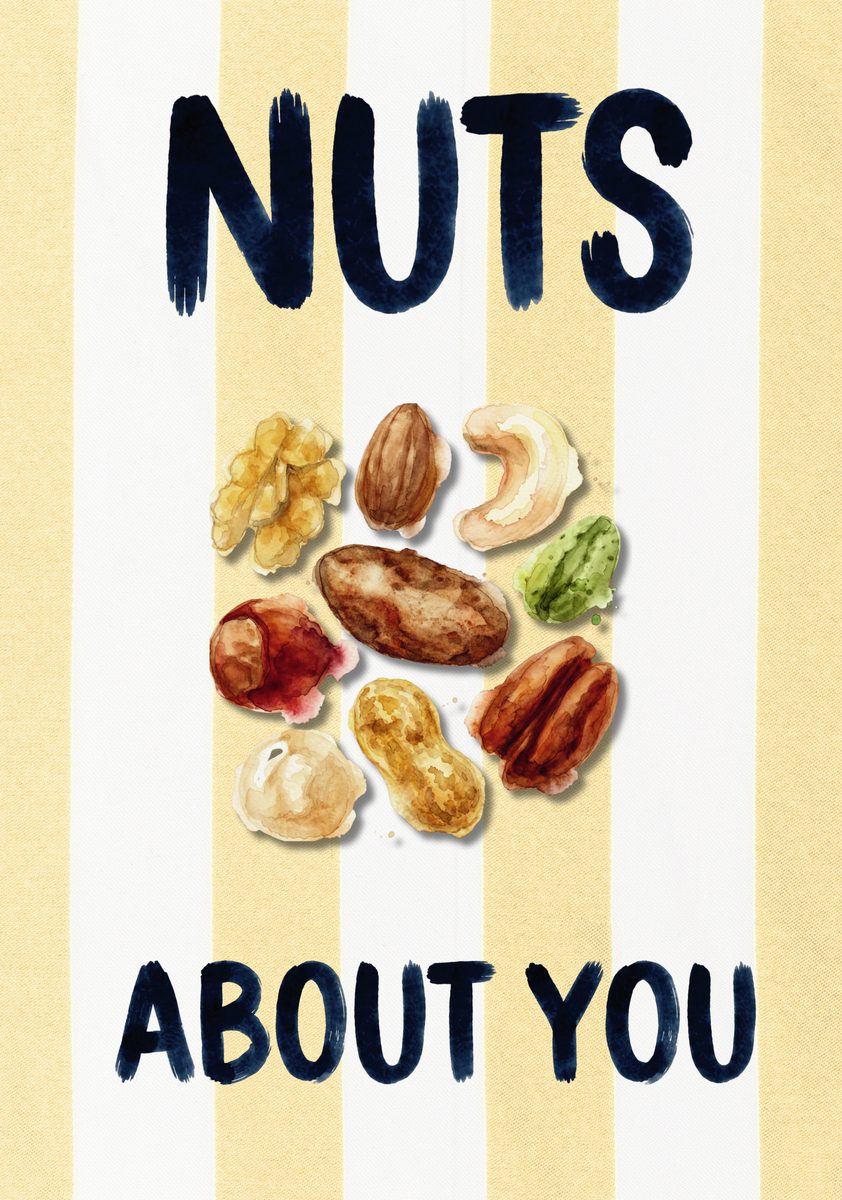 Nuts About You – Limoncello art print: a shell-on peanut in warm browns over limoncello stripes, the affectionate pun lettered by hand.