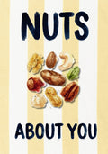 Nuts About You – Limoncello art print: a shell-on peanut in warm browns over limoncello stripes, the affectionate pun lettered by hand.